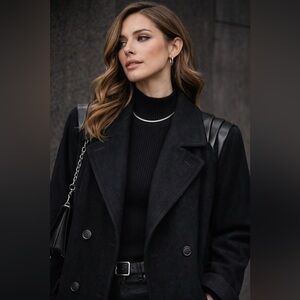 Vintage Billycoat Black Wool Peacoat Leather Shoulder Military Goth L